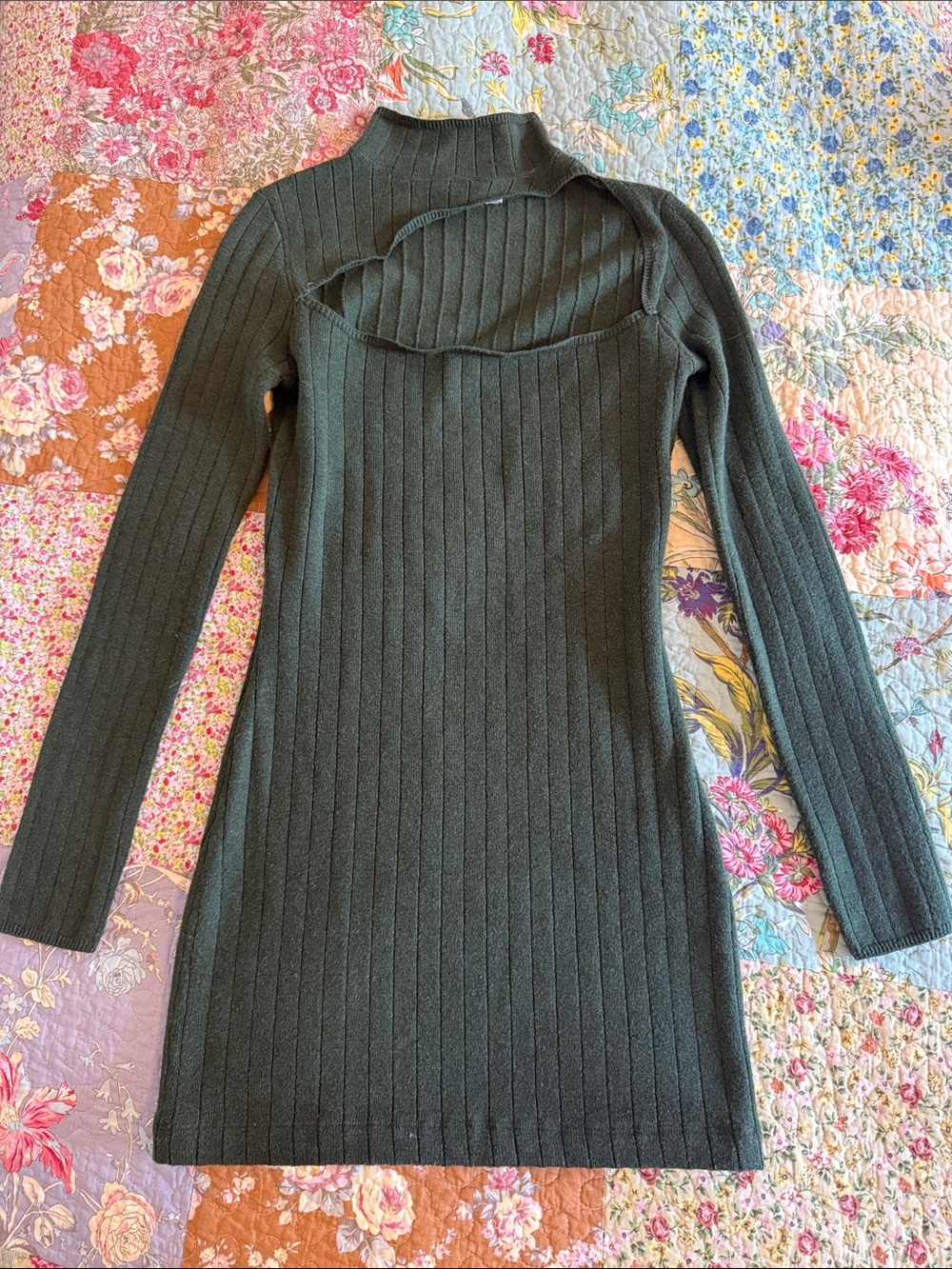 Na-kd Ribbed Long-Sleeve Mock Neck Dress Dark Green